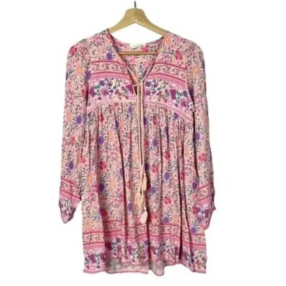 Boutique Goodnight Macaroon Pink Boho Print Long Sleeve Mini size Small